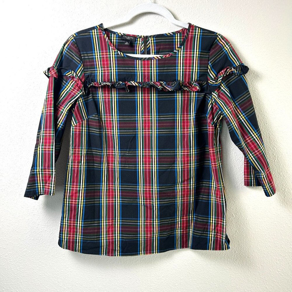 Talbots‎ Plaid Blouse Women Petite S Black Red Yellow Ruffle 3/4 Sleeve Zipper